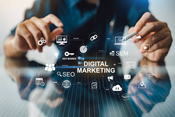 istockphoto-1443560890-612x612 Digital marketing business technology concept. Website advertisement email social media network, SEO, SEM video and mobile application icons in virtual screen.
